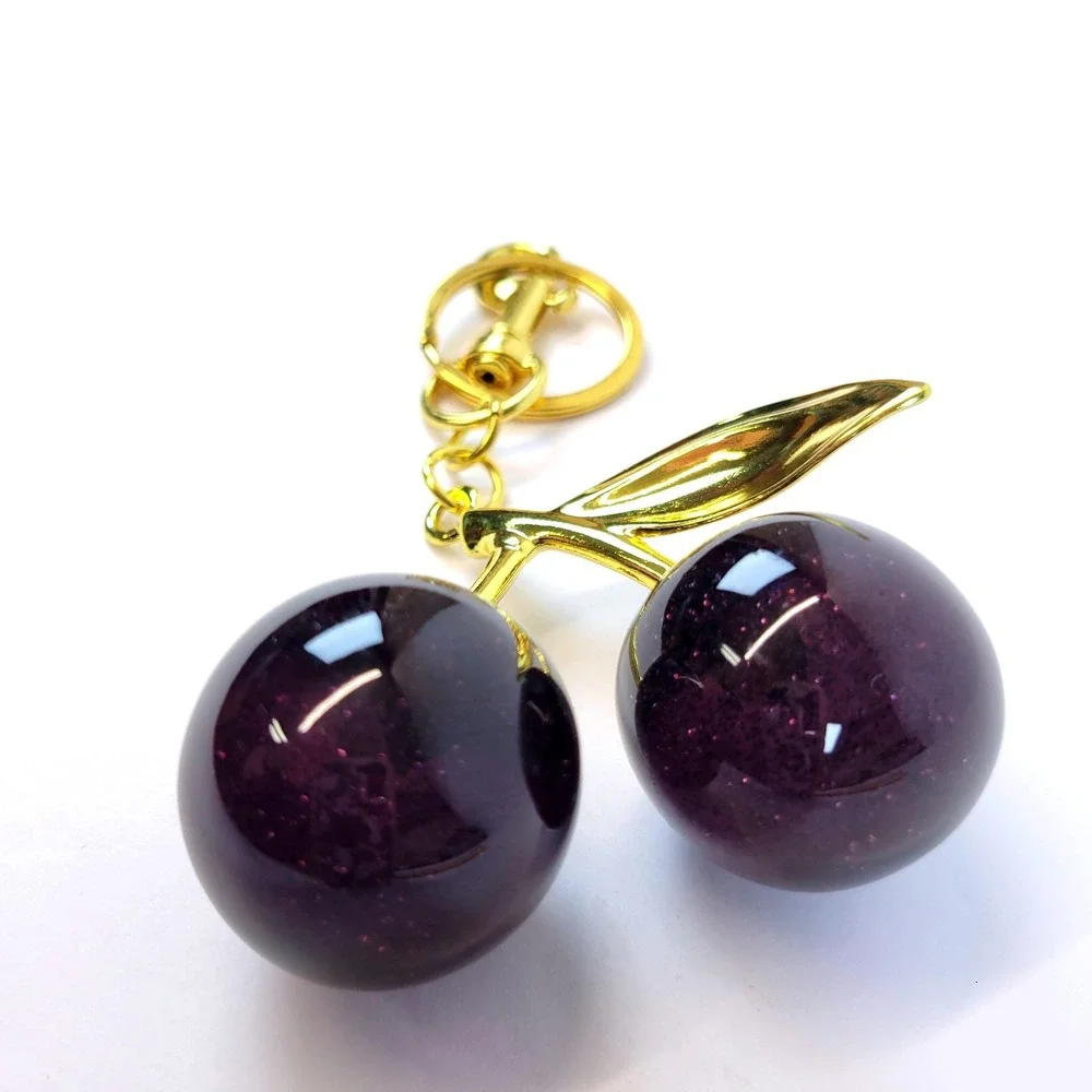 Cherry Bag Charm Glitter Resin Gold Hardware Dark Purple Womens Goth Whimsical